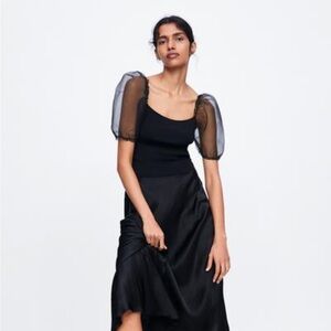 Zara Women’s Knit Top with Sheer Balloon Sleeves, Black
